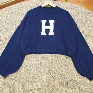 Navy Blue Varsity Letter H Knit Crop Sweater Preppy College Pullover